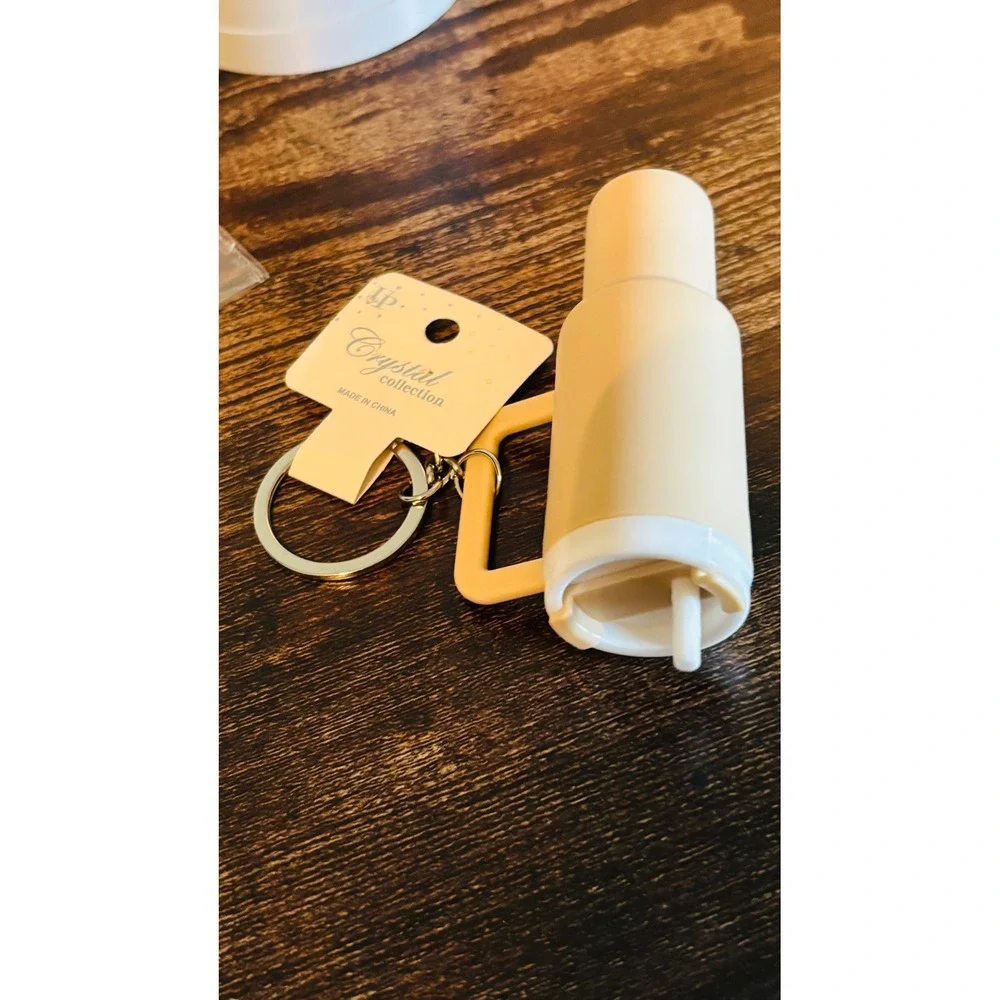 Mini Tumbler Keychain Beige Matte Cup Charm with Straw and Handle New